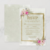 ピンクの花とセージグリーンの葉のゴールド ウェディング RSVP (正面/裏面)
