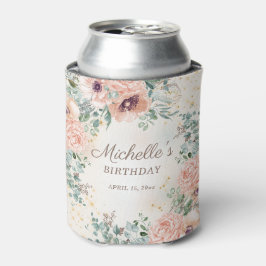 ピンクの花とセージグリーンの葉の誕生日 缶クーラー