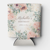 ピンクの花とセージグリーンの葉の誕生日 缶クーラー (正面)