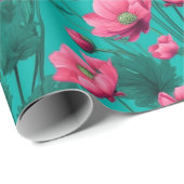 ピンクの花とターコイズの背景の切り離し ラッピングペーパー (ロールコーナー)