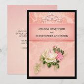 ピンクの花とダイヤのティアラがエレガントな結婚式の招待状 招待状 (正面/裏面)
