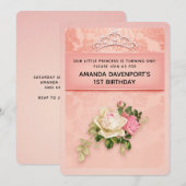 ピンクの花とダイヤのティアラ エレガントな誕生日 招待状 (正面/裏面)