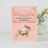 ピンクの花とダイヤのティアラ エレガントな誕生日 招待状 (スタンド正面)