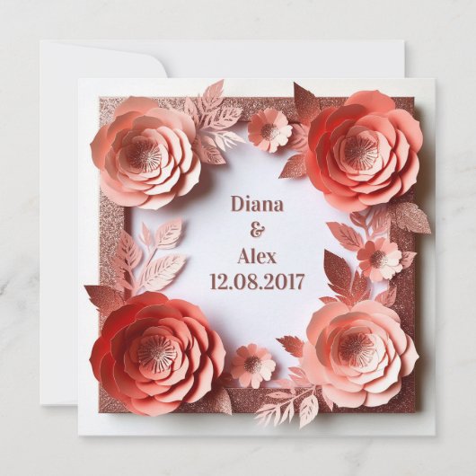 💎 ピンクの花とダイヤモンドの結婚式 💎 招待状 (正面)