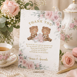 ピンクの花とテディベアのティーパーティー バースデー サンキューカード