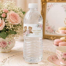 ピンクの花とテディベアのティーパーティー バースデー ペットボトルラベル