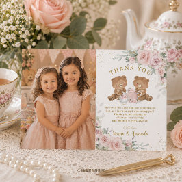 ピンクの花とテディベアのティーパーティー 誕生日フォト サンキューカード