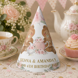 ピンクの花とテディベアのティーパーティー 誕生日 パーティーハット
