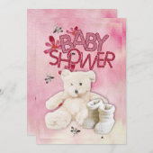 ピンクの花とテディベアのベビーシャワー招待状 招待状 (正面/裏面)