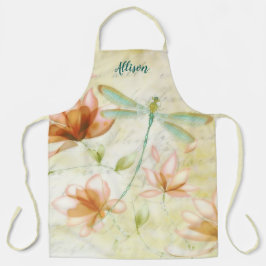ピンクの花とトンボのエプロンパーソナライズされた。 エプロン