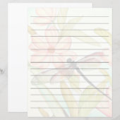 ピンクの花とトンボの罫線入りの文房具の紙 (正面/裏面)