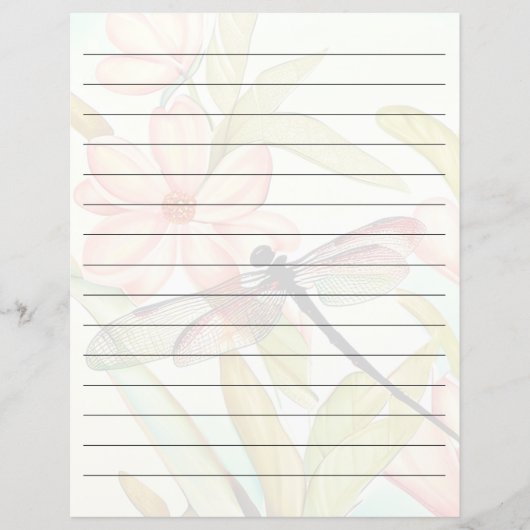 ピンクの花とトンボの罫線入りの文房具の紙 (正面)