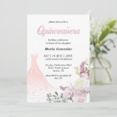 ピンクの花とドレスのキンセアニエラ招待状 招待状 (スタンド正面)