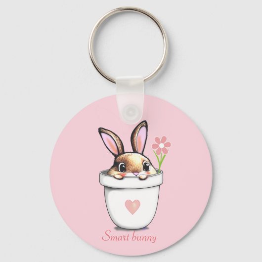ピンクの花とハートが可愛いスマートバニー キーホルダー (正面)