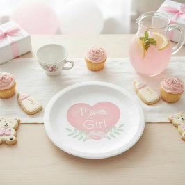 ピンクの花とハートのモチーフが可愛い「It's A Girl」ベビーシャワー ペーパープレート