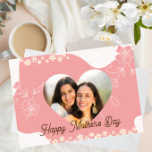 ピンクの花とハートの形フォトマザーの日カード サンキューカード