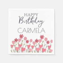 ピンクの花とハート誕生日パーティー スタンダードカクテルナプキン