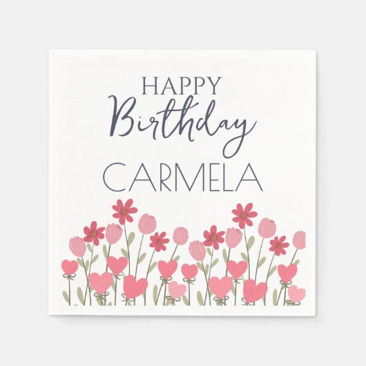 ピンクの花とハート誕生日パーティー スタンダードカクテルナプキン (正面)