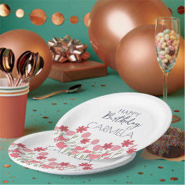 ピンクの花とハート誕生日パーティー ペーパープレート