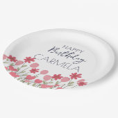 ピンクの花とハート誕生日パーティー ペーパープレート (アングル)