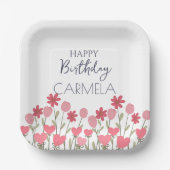 ピンクの花とハート誕生日パーティー ペーパープレート (正面)