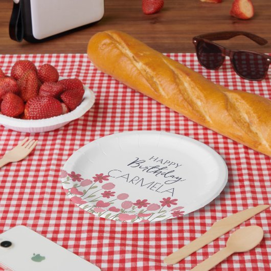 ピンクの花とハート誕生日パーティー ペーパープレート (ピクニック)