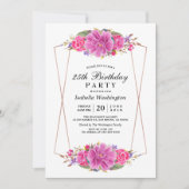 ピンクの花とバラの金ゴールドの誕生パーティー 招待状 (正面)