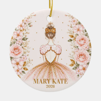 ピンクの花とバレリーナのクリスマス 名前入り セラミックオーナメント