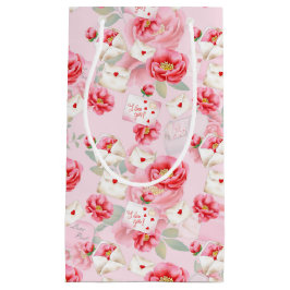 ピンクの花とバレンタインのラブノート スモールペーパーバッグ