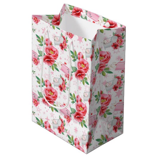 ピンクの花とバレンタインのラブノート ミディアムペーパーバッグ (正面アングル)