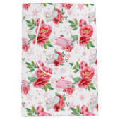 ピンクの花とバレンタインのラブノート ミディアムペーパーバッグ (正面)