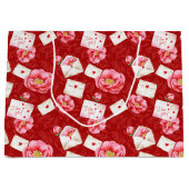 ピンクの花とバレンタインのラブノート ラージペーパーバッグ (正面)