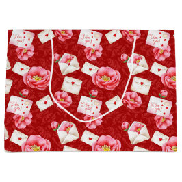 ピンクの花とバレンタインのラブノート ラージペーパーバッグ