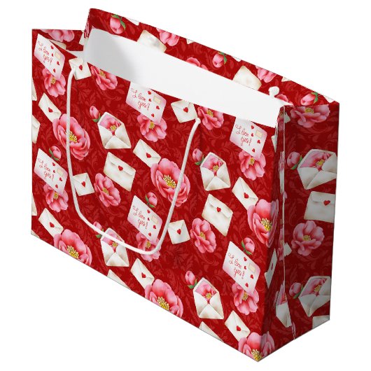 ピンクの花とバレンタインのラブノート ラージペーパーバッグ (正面アングル)
