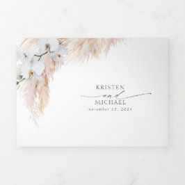 ピンクの花とパンパスグラスエレガントな結婚式 三つ折り招待状