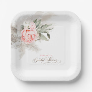 ピンクの花とパンパスグラスボホブライダルシャワー ペーパープレート