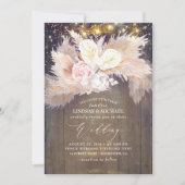 ピンクの花とパンパス草のラスティックウッドウェディング 招待状 (正面)