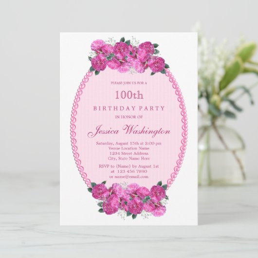 ピンクの花とパールとレースの100歳の誕生日 招待状 (スタンド正面)