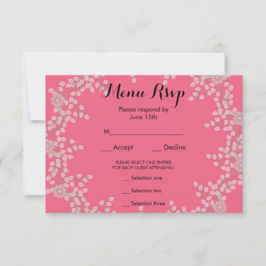 ピンクの花とパールのウェディングメニューRSVP 出欠カード (正面)
