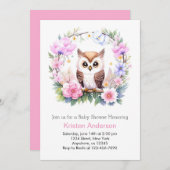 ピンクの花とフクロウの夢のような女の子のベビーシャワー 招待状 (正面/裏面)