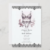 ピンクの花とブラックレースレイシーランジェリーシャワー 招待状 (正面)