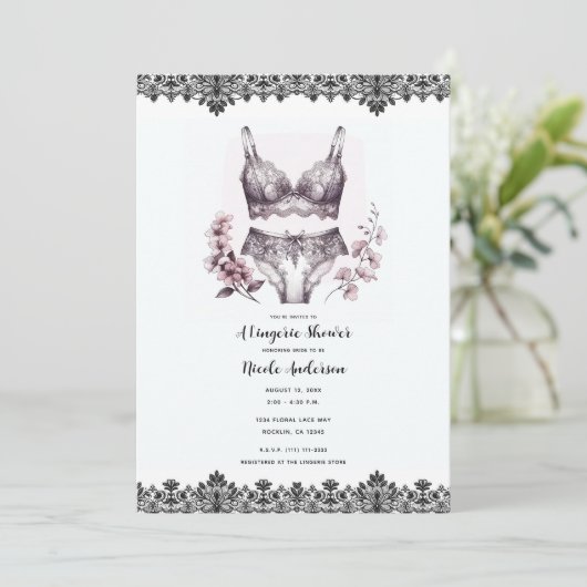 ピンクの花とブラックレースレイシーランジェリーシャワー 招待状 (スタンド正面)