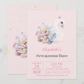 ピンクの花とベビースワン 誕生日 招待状 (正面/裏面)