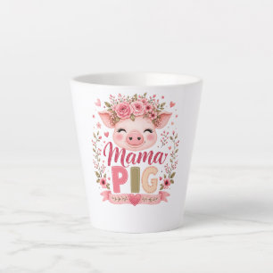 ピンクの花とママブタのかわいい農場の動物の母性 カフェラテマグ