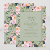 ピンクの花とミントグリーンの75歳の誕生日 招待状 (正面/裏面)