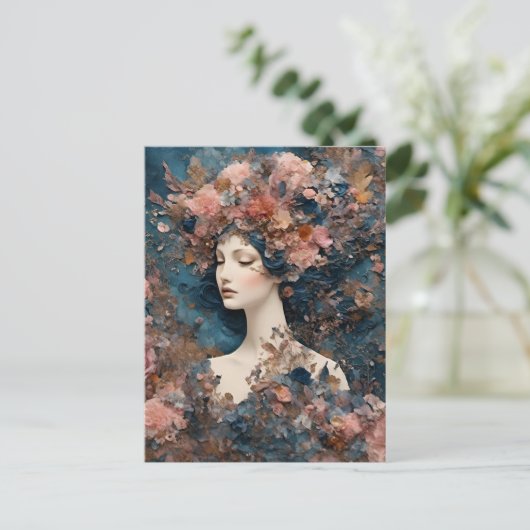 ピンクの花とメディアのコラージュを混合した女性 ポストカード (スタンド正面)