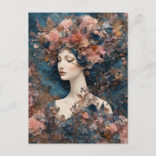 ピンクの花とメディアのコラージュを混合した女性 ポストカード (正面)