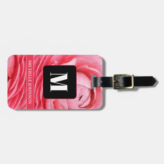 ピンクの花とモノグラムの荷札 ラゲッジタグ (正面横)