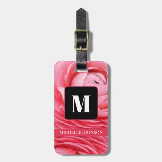 ピンクの花とモノグラムの荷札 ラゲッジタグ (正面縦)