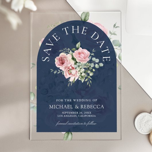 ピンクの花とユーカリのネイビーブルーの結婚式セーブ・ザ・デート アクリル招待状